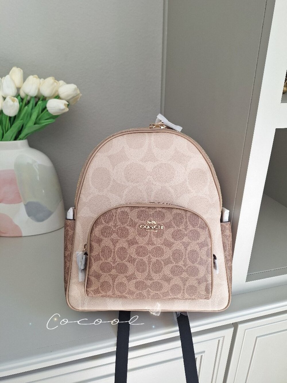 NWT Coach Court Backpack In Blocked Signature Canvas Gold/Sand/Tan Cz771